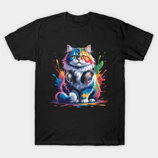 Splash Art Headphones British Longhair Cat Highland Straight T-Shirt